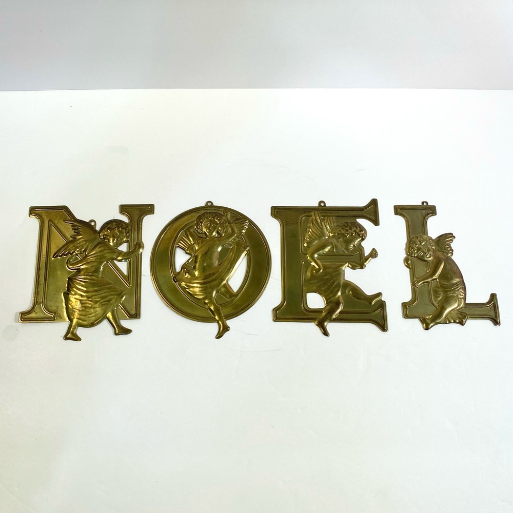 4 Vintage Department 56 Brass NOEL Letters Cherub Angel Ornaments Holiday Decor